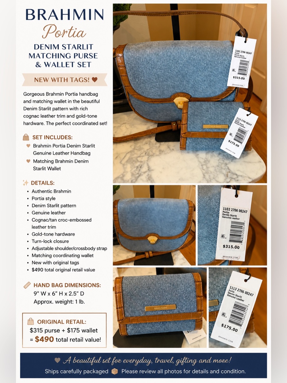 Brahmin Portia Denim Starlit Matching Purse & Wallet Set - NWT